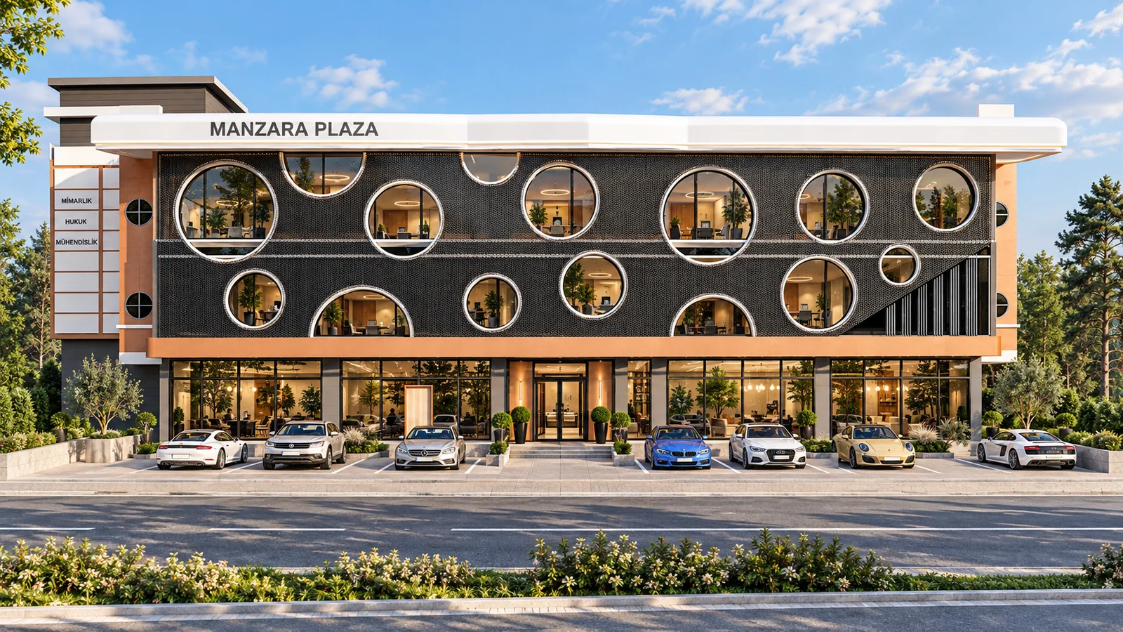 Tekirdağ Süleymanpaşa Manzara Plaza ticari yapı projesinin ön cephe mimari görselleştirmesi