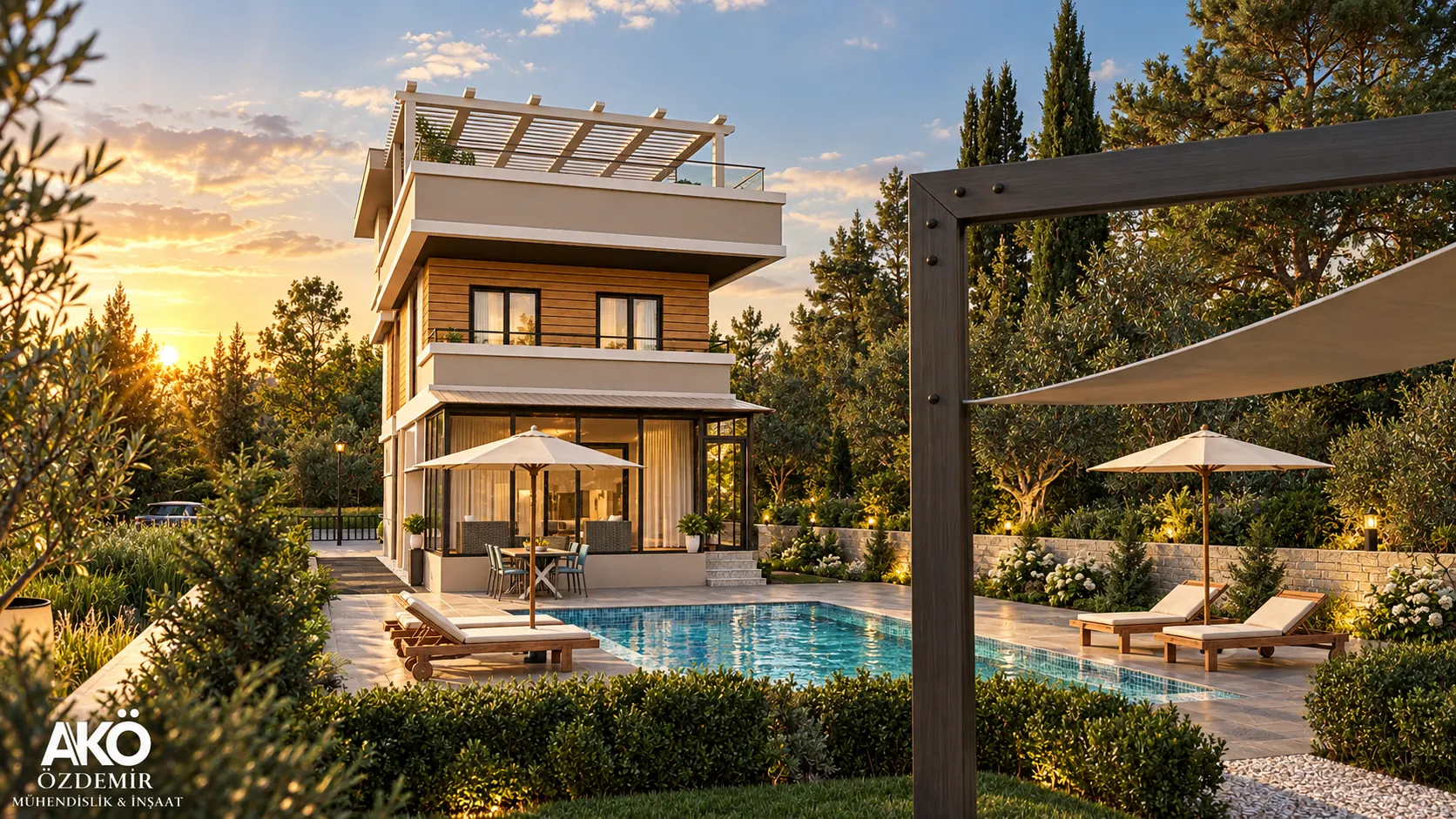 Karaevli'de havuzlu modern villa mimari görselleştirmesi