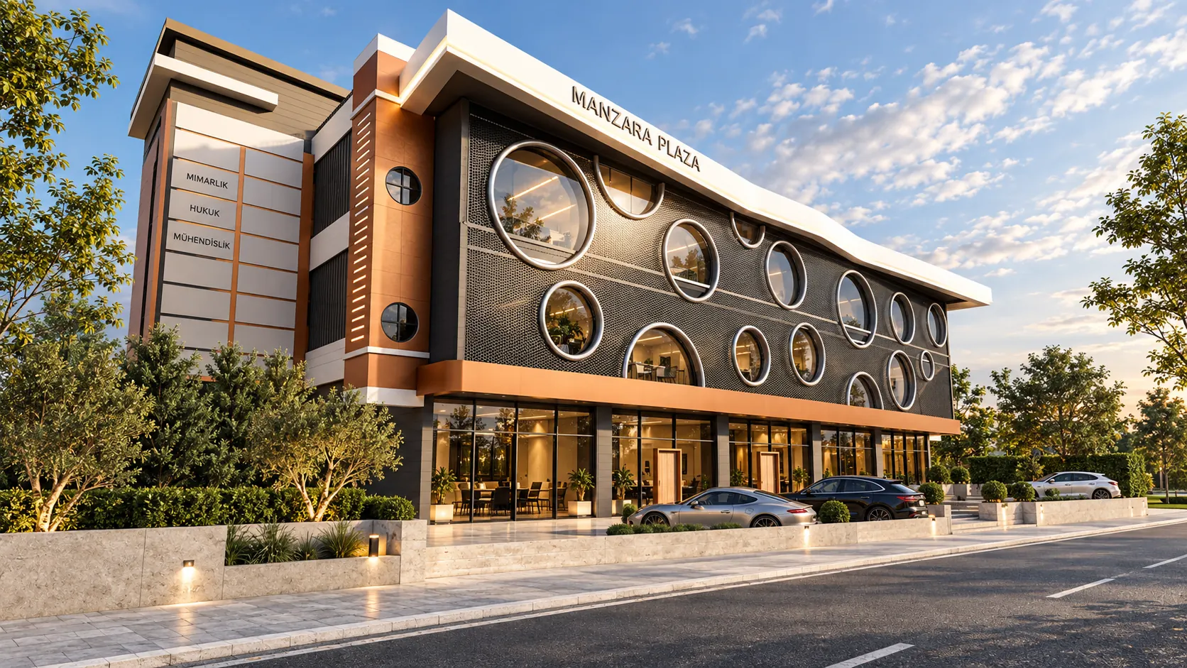Manzara Plaza köşe perspektif mimari görselleştirmesi